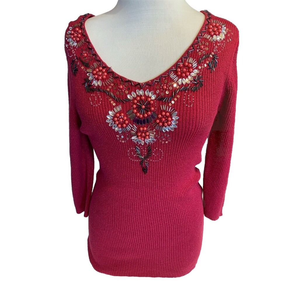 Sparkle Beaded Red Metallic Ribbed Knit Sweater Long/Tall Torso Sz Small 2/4 EUC